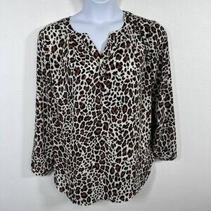 Talbots Womens Popover Blouse Sz 1X Cheetah Leopard Print Career Office Classic